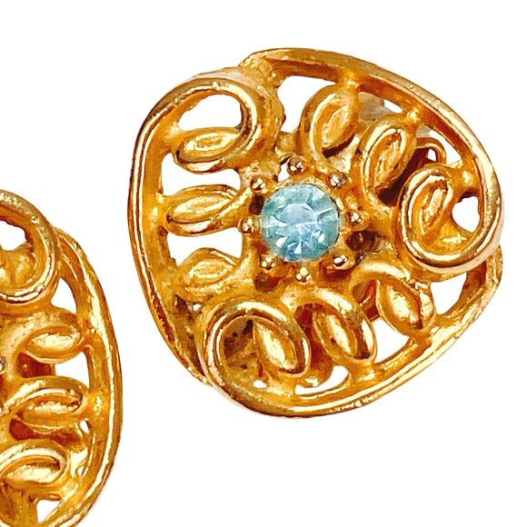 Vintage Mid Century Gold Tone Clip On Earrings Blue Rhinestone 1950s 1960s - Picture 4 of 10